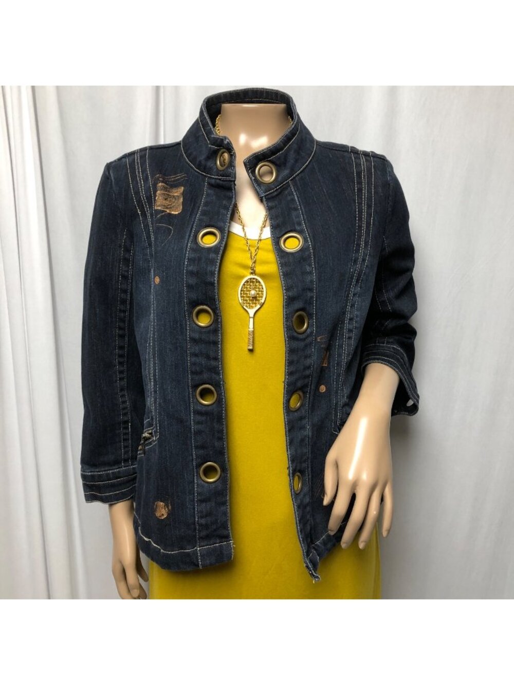 Live a Little Jean Jacket Womens Size Medium Cooper Painted Open Front Grommets